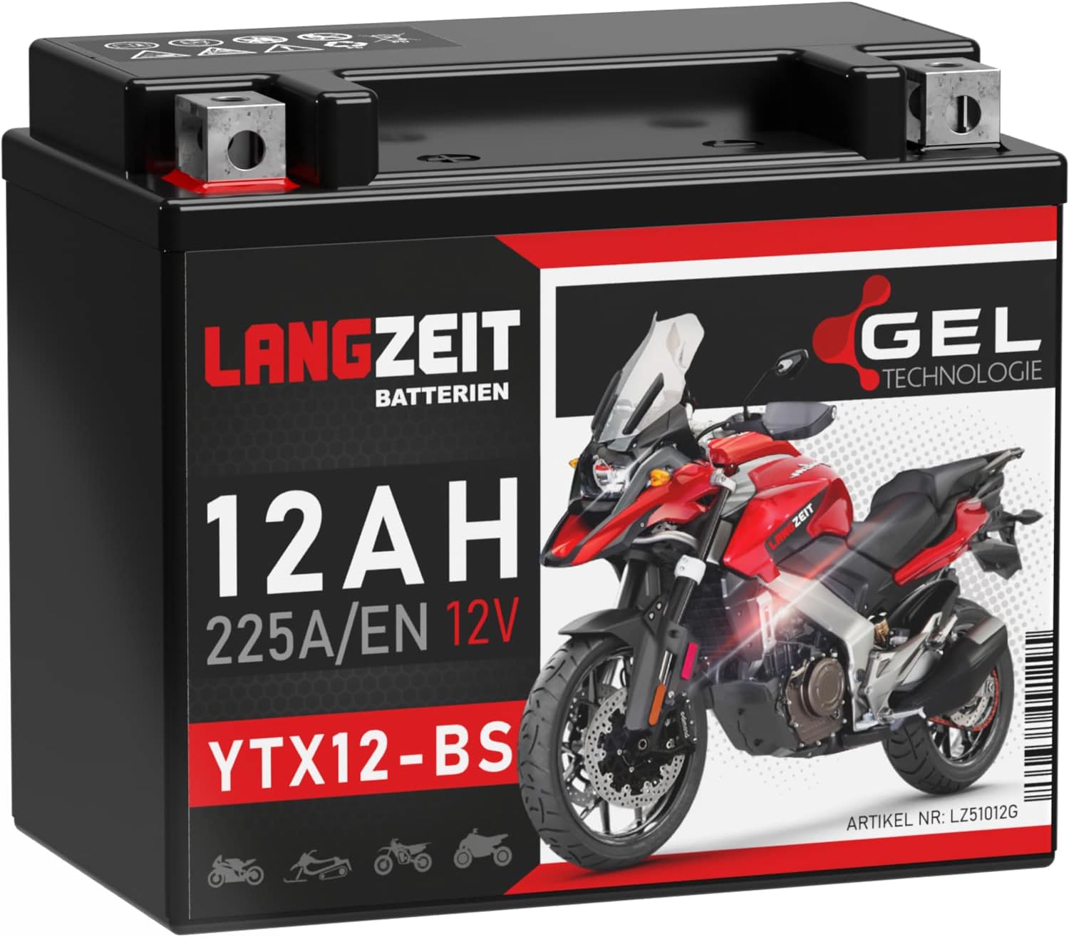 LANGZEIT YTX12-BS Motorradbatterie 12V 12Ah Gel